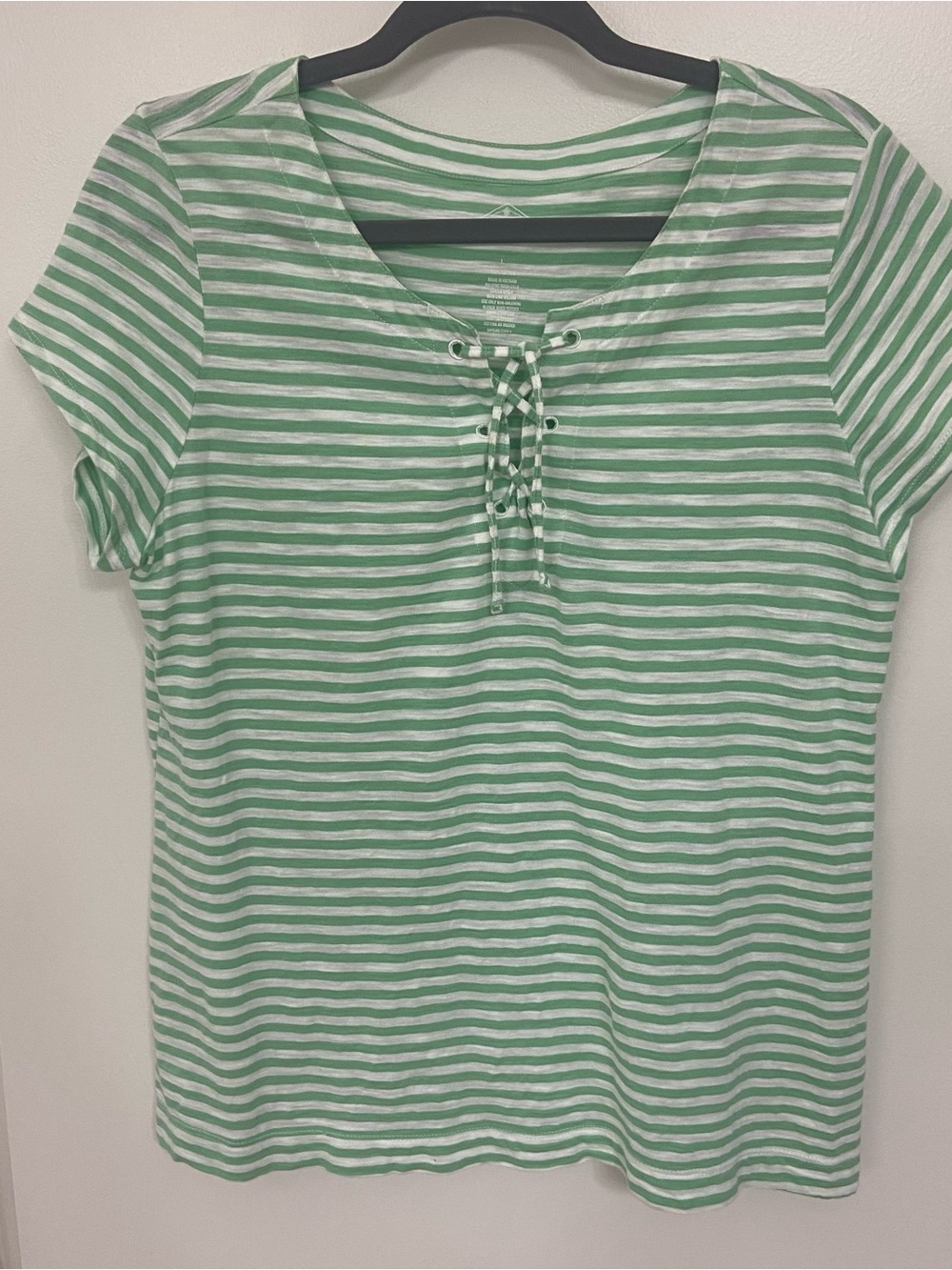 St. John’s Bay Green White Stripe Lace-Up Cotton Tee Women’s Large